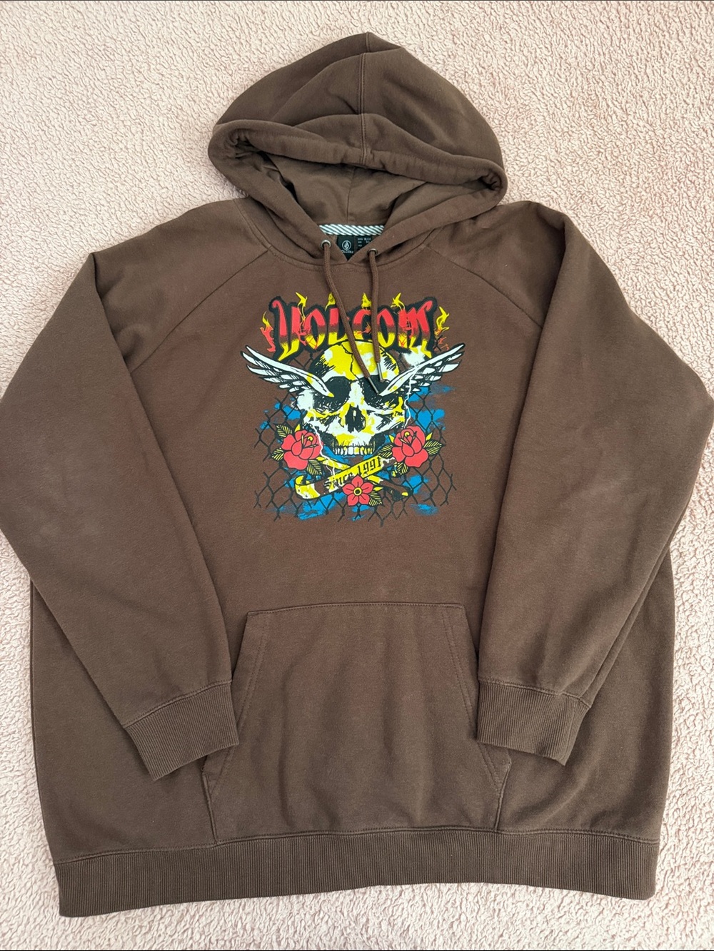 Volcom Brown Hoodie with Multicolor Skull & Rose Graphic